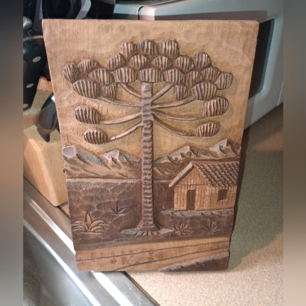 Relief Wood Carving with Araucaria Tree From Brazil